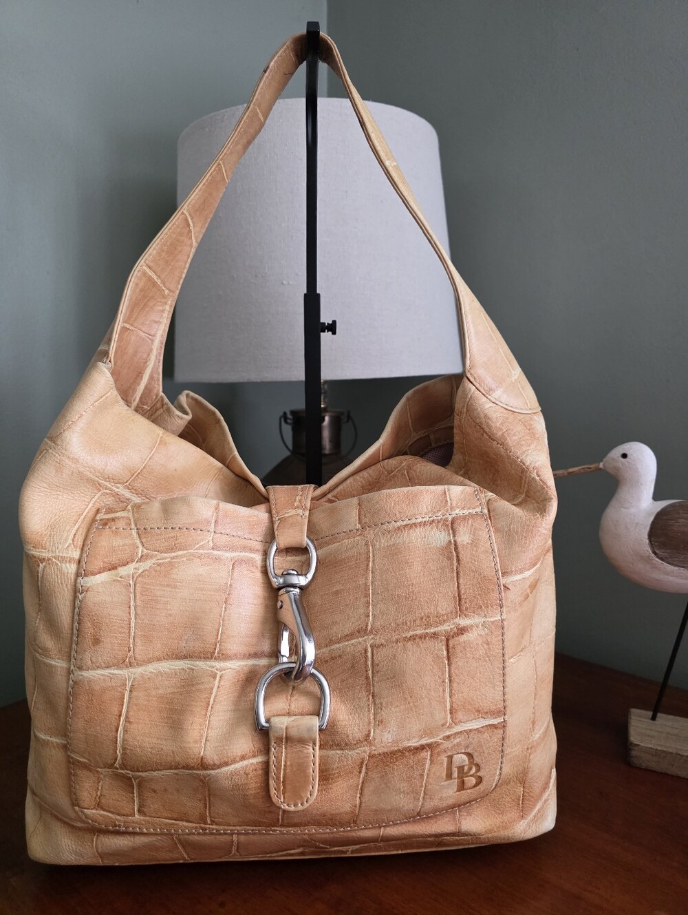 Dooney & Bourke Tan Croc Embossed Leather Hobo Shoulder Bag Y2K